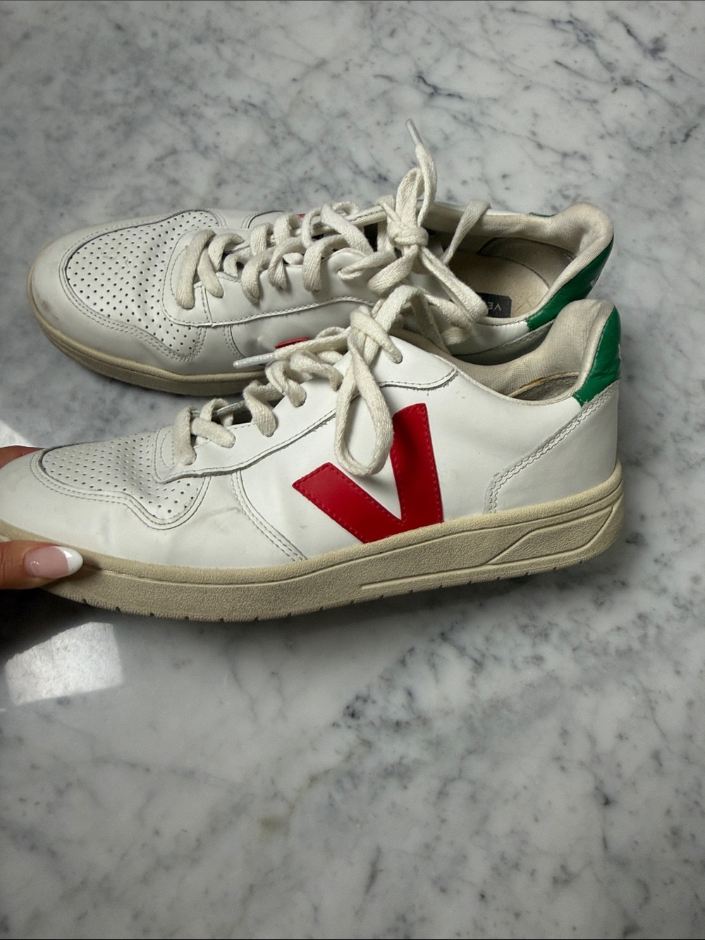 Veja man White Leather Sneakers with Red V and Green Heel Tab